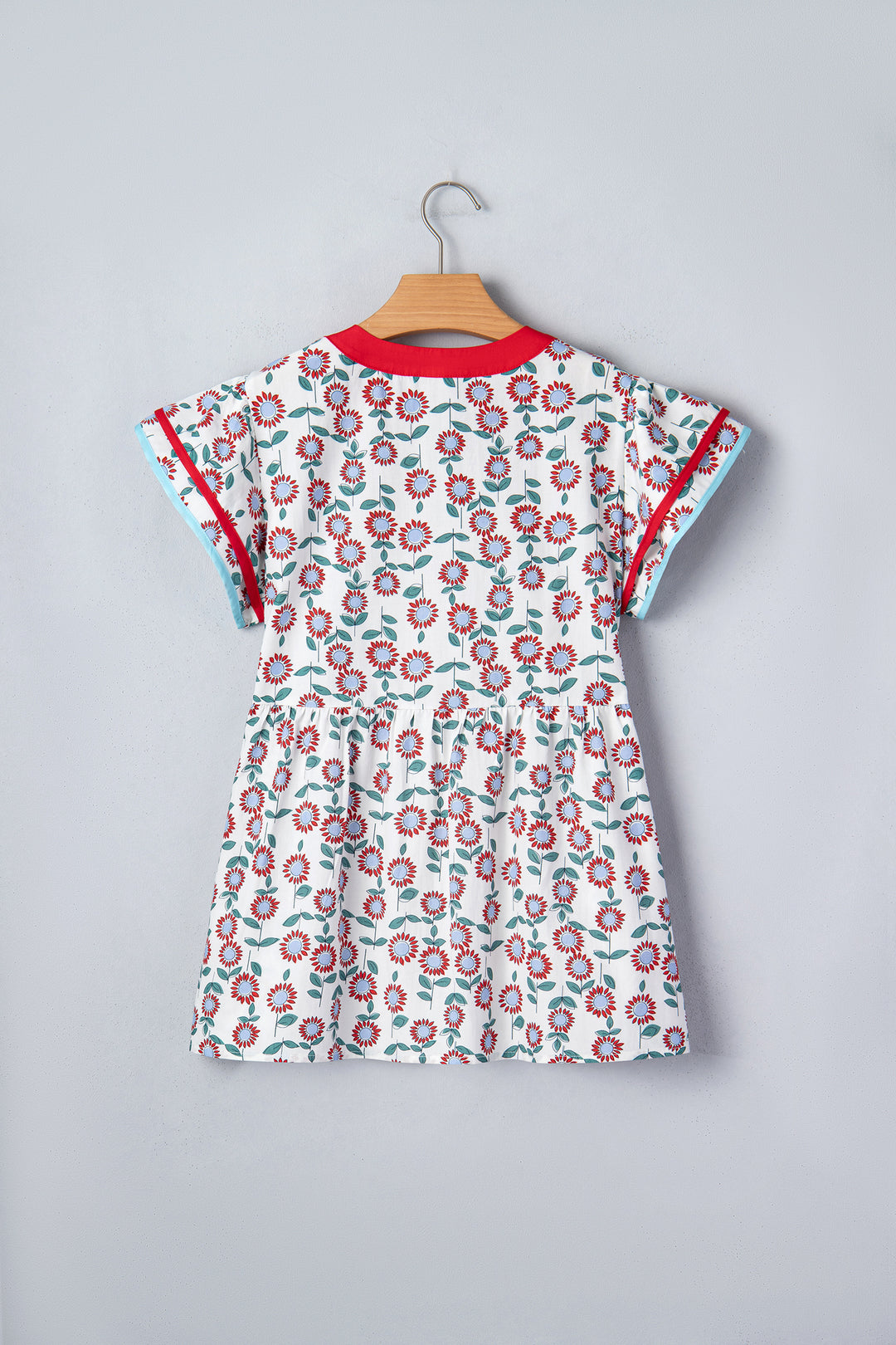 Red Sunflower Printed Contrast Trim V Neck Flutter Sleeve Blouse