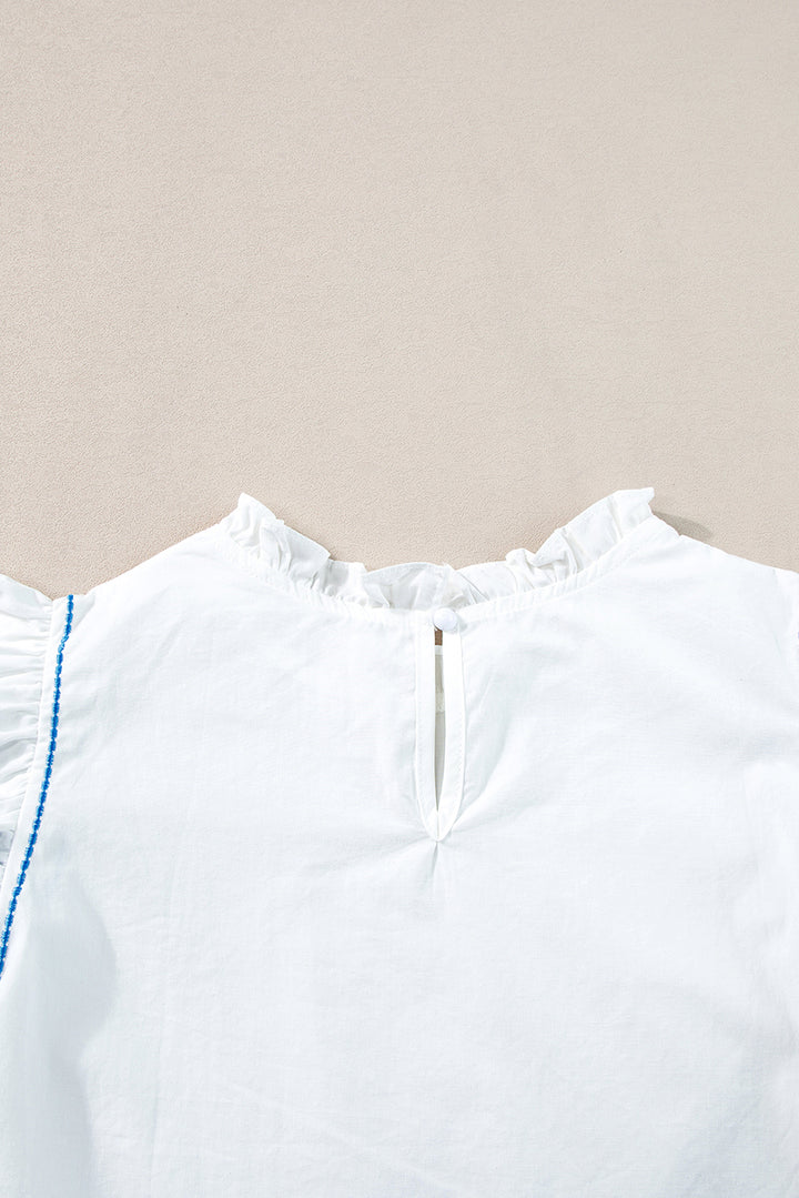 Embroidered Ruffled Sleeve Frilled Collar Blouse