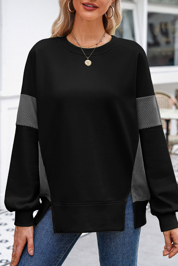 Black Corduroy Patched Side Slit Sweatshirt