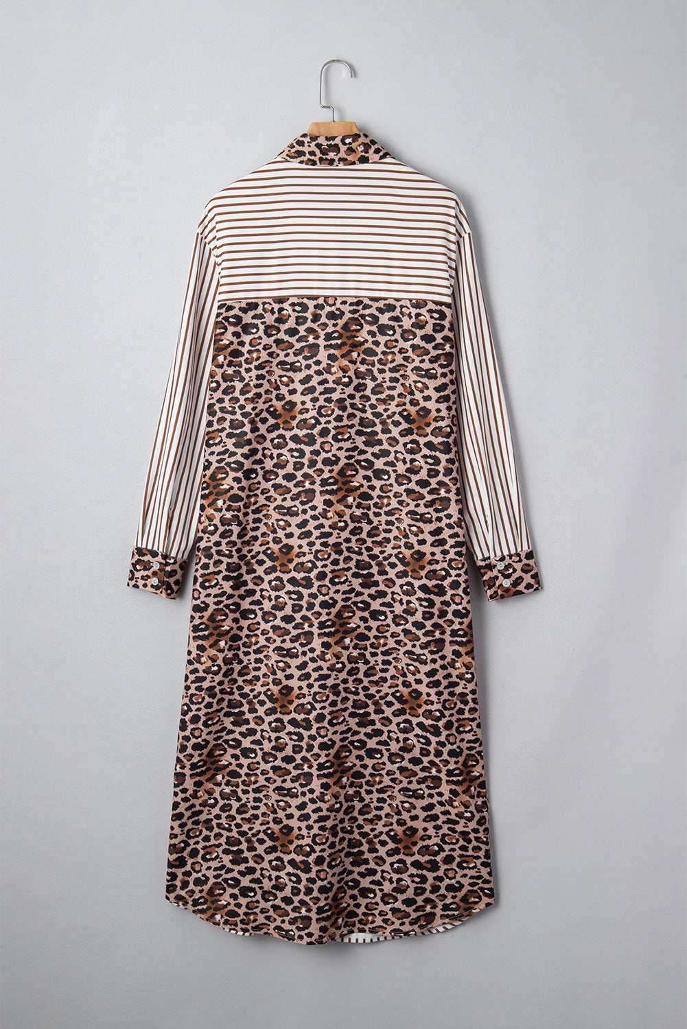 Contrast Leopard Patchwork Long Shirt Dress with Slits
