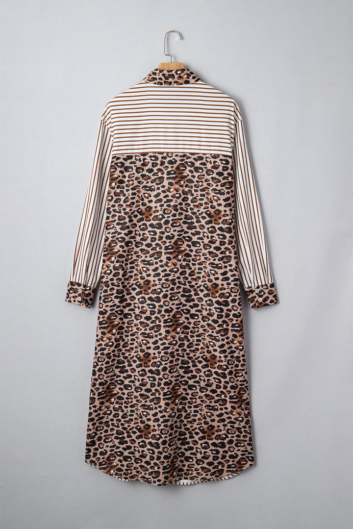 Contrast Leopard Patchwork Long Shirt Dress with Slits
