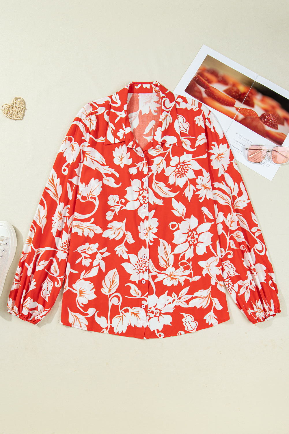 Red Plus Size Floral Print Loose Button Up Shirt