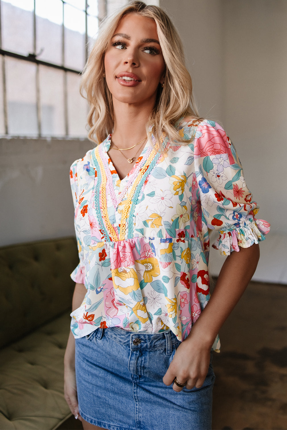 Boho Flower Print Half Puff Sleeve Blouse