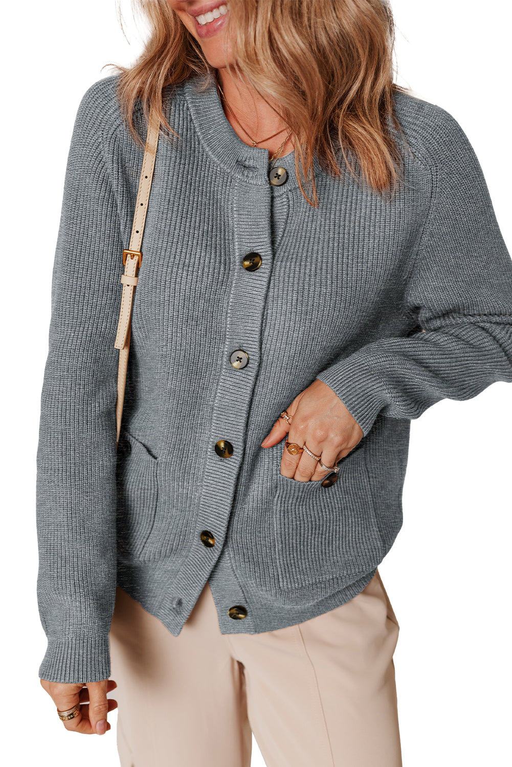 Chunky Buttoned Front Round Neck Cardigan Sweater