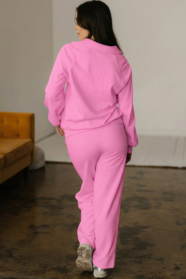 Bright Pink Polo Collar Pullover and Drawstring Sweatpants Set