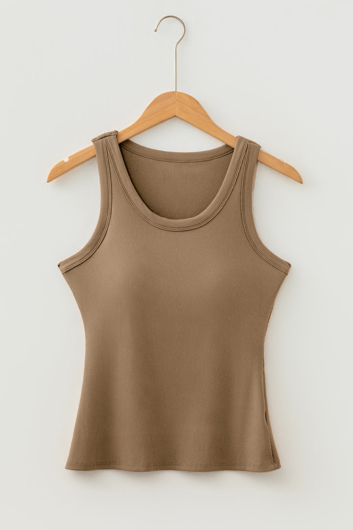 Summer Dark Khaki Slim Ribbed Padded Tank Top