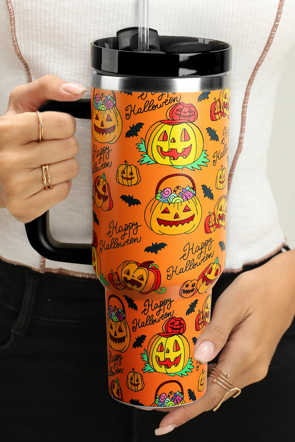 Grand gobelet à poignée imprimé citrouille d'Halloween 40 oz