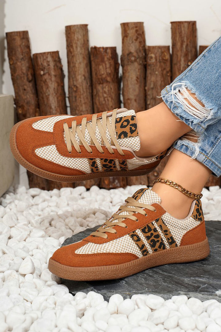 Checkered Leopard Color Block Patchwork Lace Up Sneakers