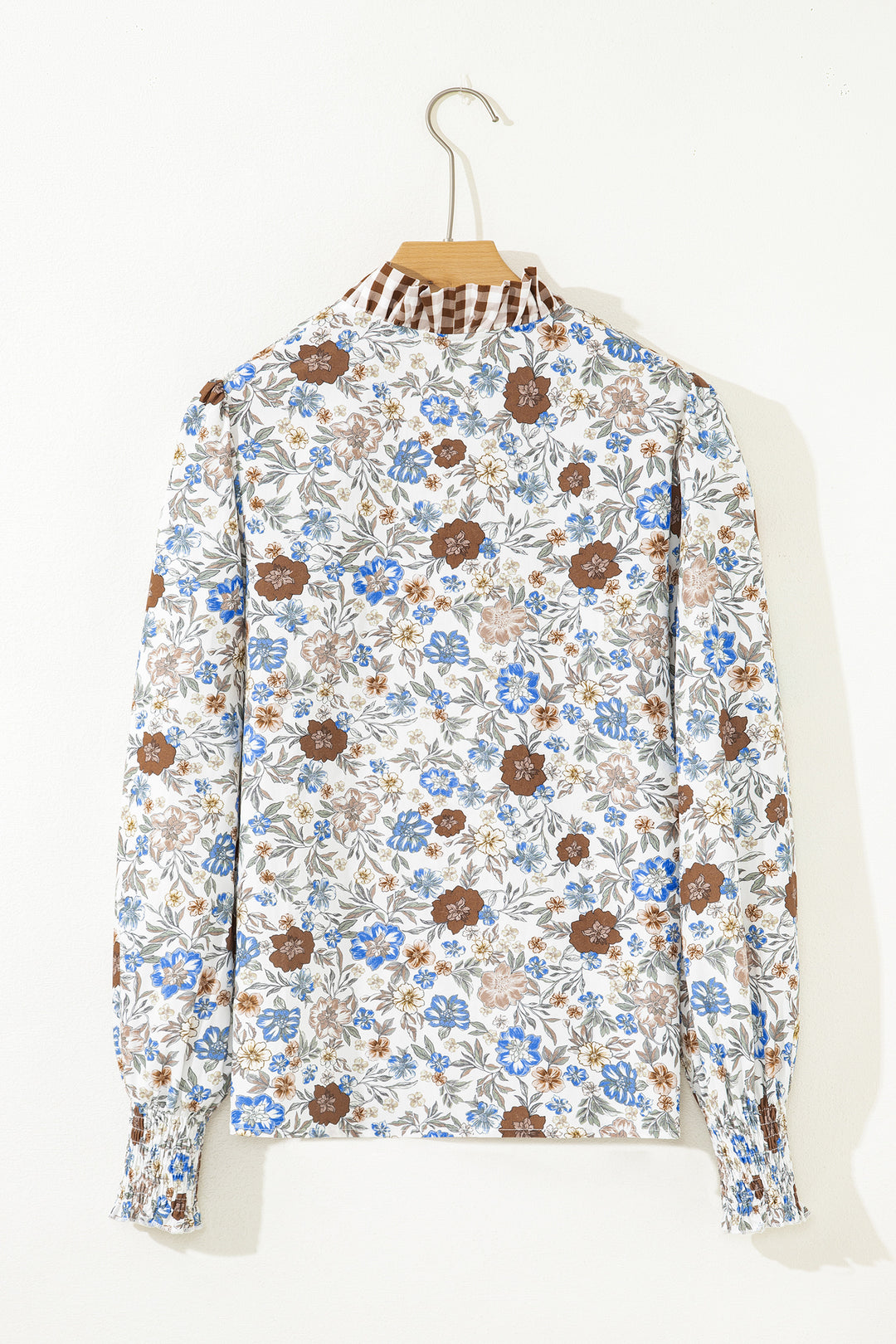 Plaid Frilled Trim V Neck Floral Long Sleeve Blouse