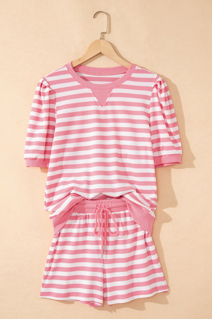 Pink Stripe Puff Short Sleeve T Shirt Matching Shorts Set