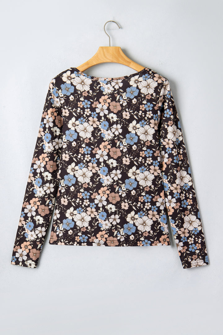 Black Floral Print Slim Long Sleeve T Shirt