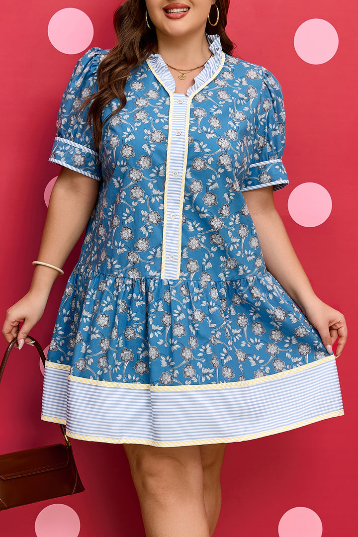 Blue Plus Size Floral Print Striped Patchwork Detail Button Front Ruffle Hem Dress