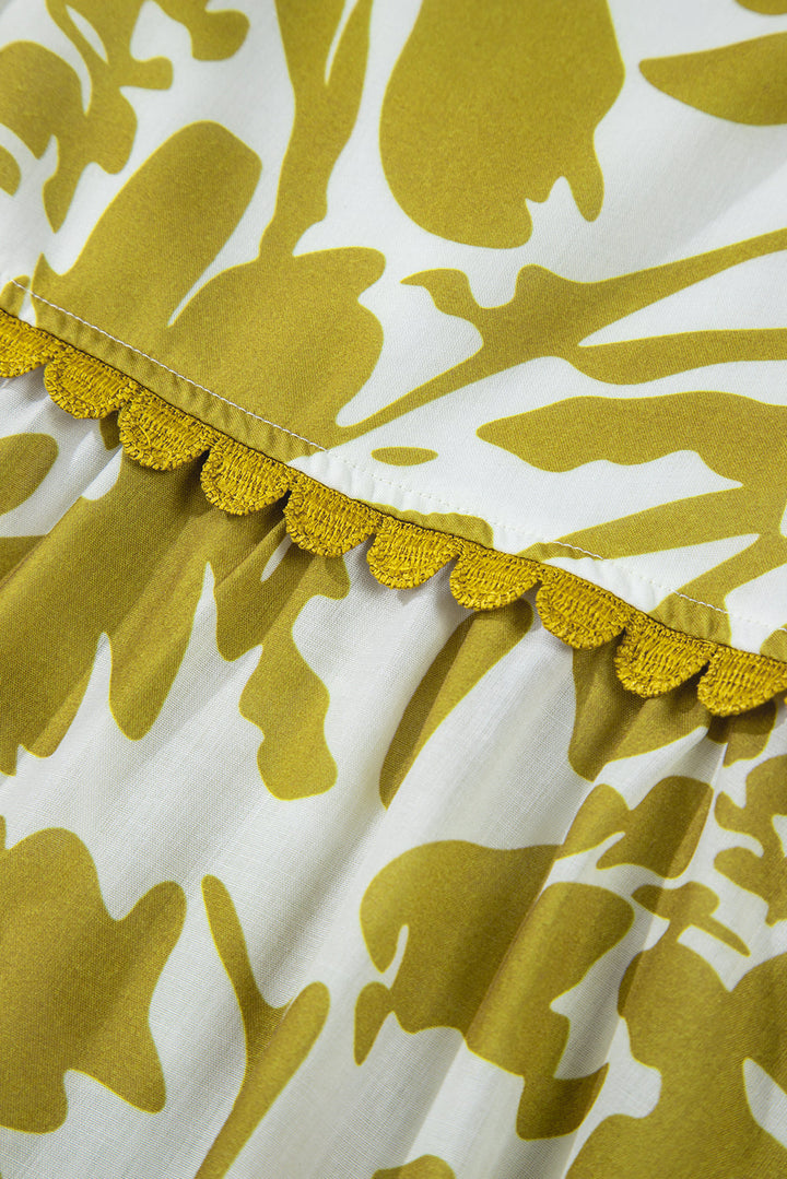 Scalloped Trim Square Neck High Waist Floral Maxi Dress
