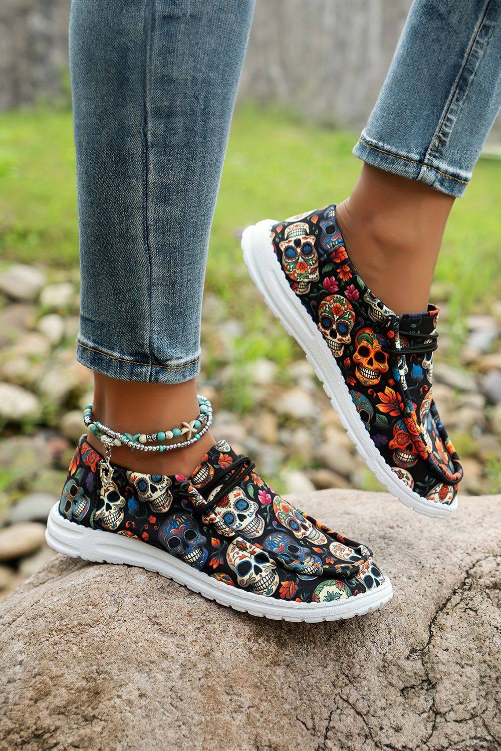 Sugar Skull Print Lace-up Detail Halloween Flat Shoes