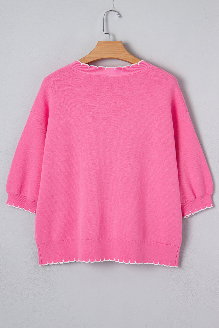 Big Ribbon Bow Print Contrast Stitch Trim Drop Shoulder Sweater