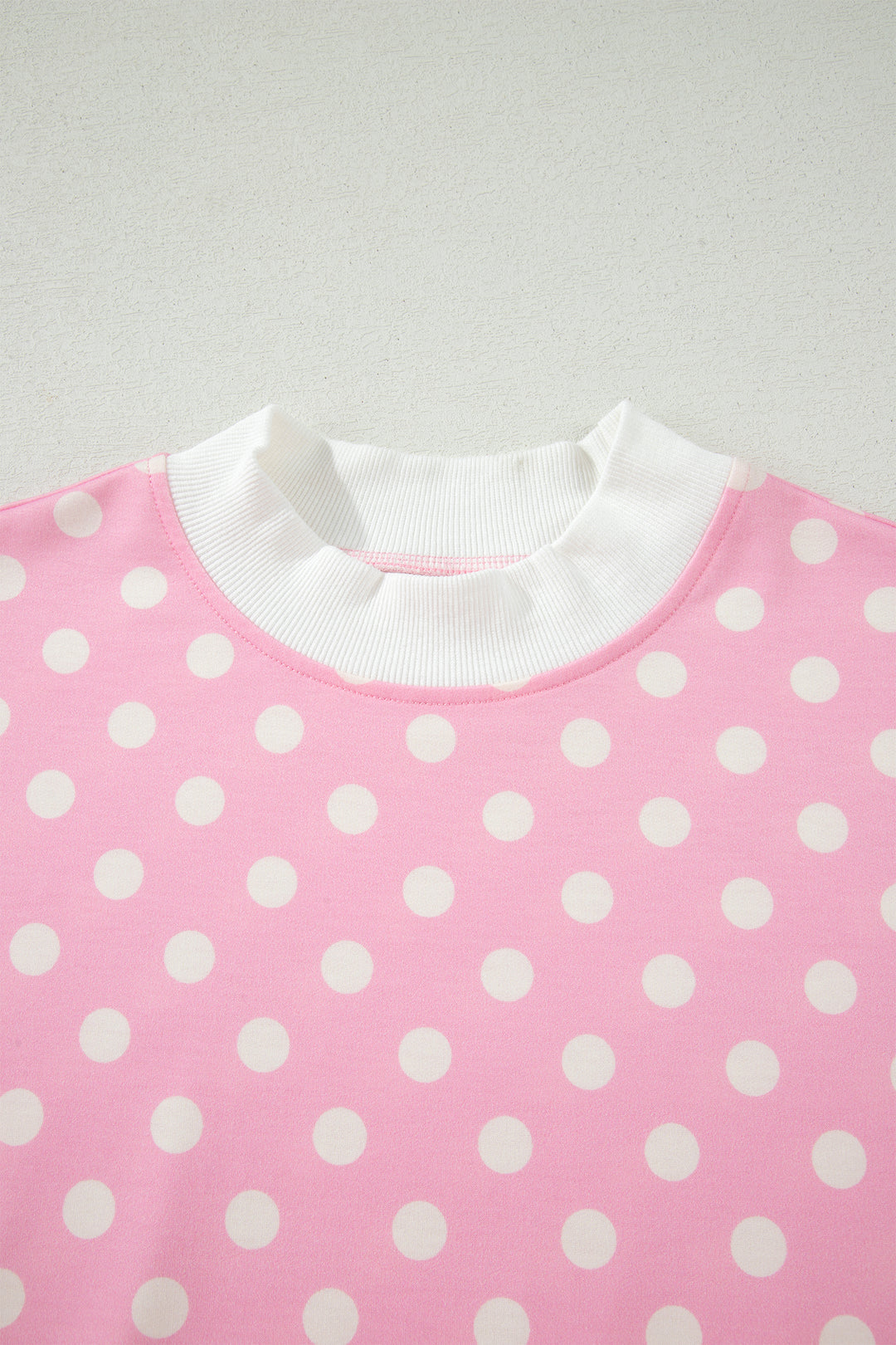 Pink Polka Dot Print Color Block Trim Mock Neck Short Set
