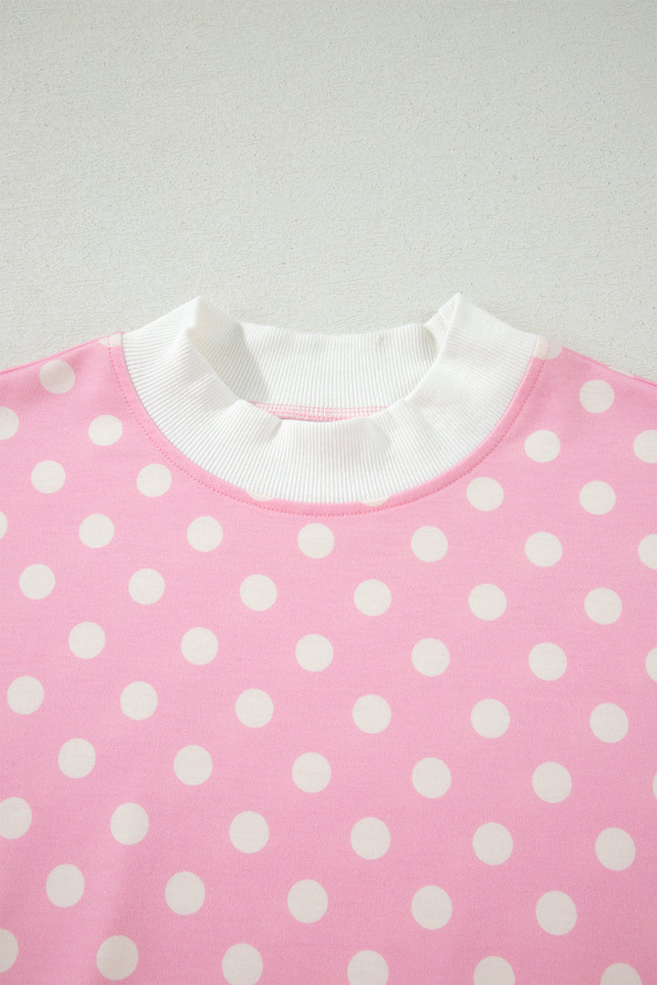 Pink Polka Dot Print Color Block Trim Mock Neck Short Set