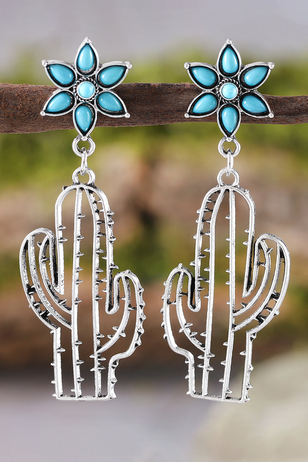Boucles d'oreilles pendantes en forme de cactus et de fleurs turquoise occidentales