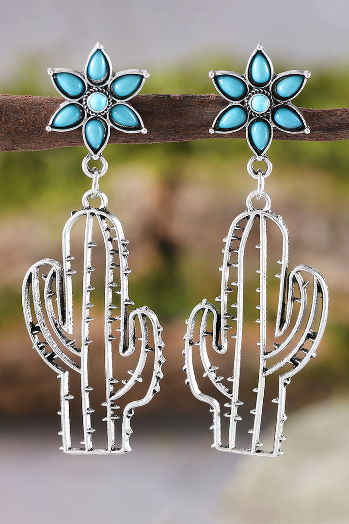 Boucles d'oreilles pendantes en forme de cactus et de fleurs turquoise occidentales