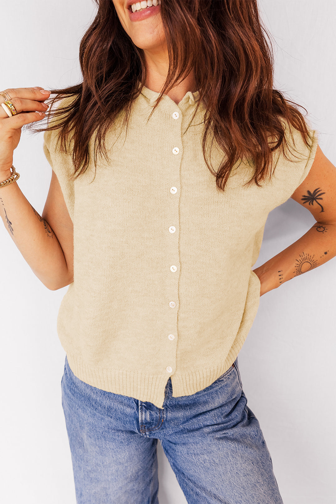 Buttoned Front Rolled Hem Cap Sleeve Sweater Top