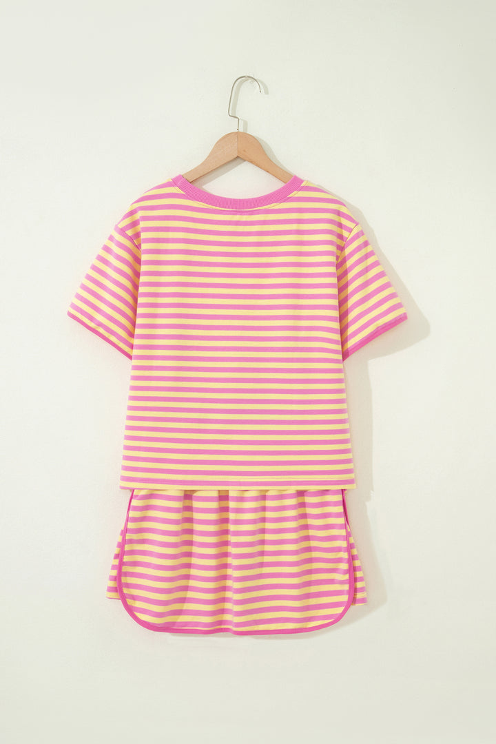 Pink Stripe Relaxed Short Sleeve Top Elastic Waist Drawstring Skort 2pcs Set