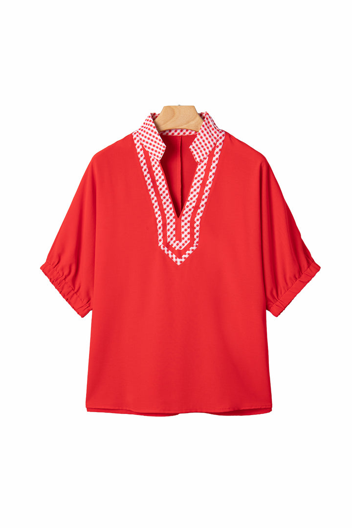 Red V Neck Plaid Collar Short Sleeve Tunic Blouse