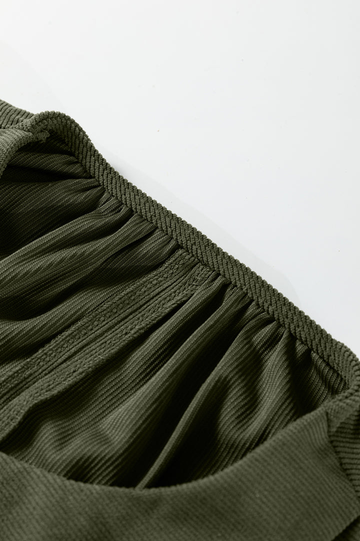 Bracelet Sleeve Split Neck Scallop Detail Pleated Corduroy Mini Dress