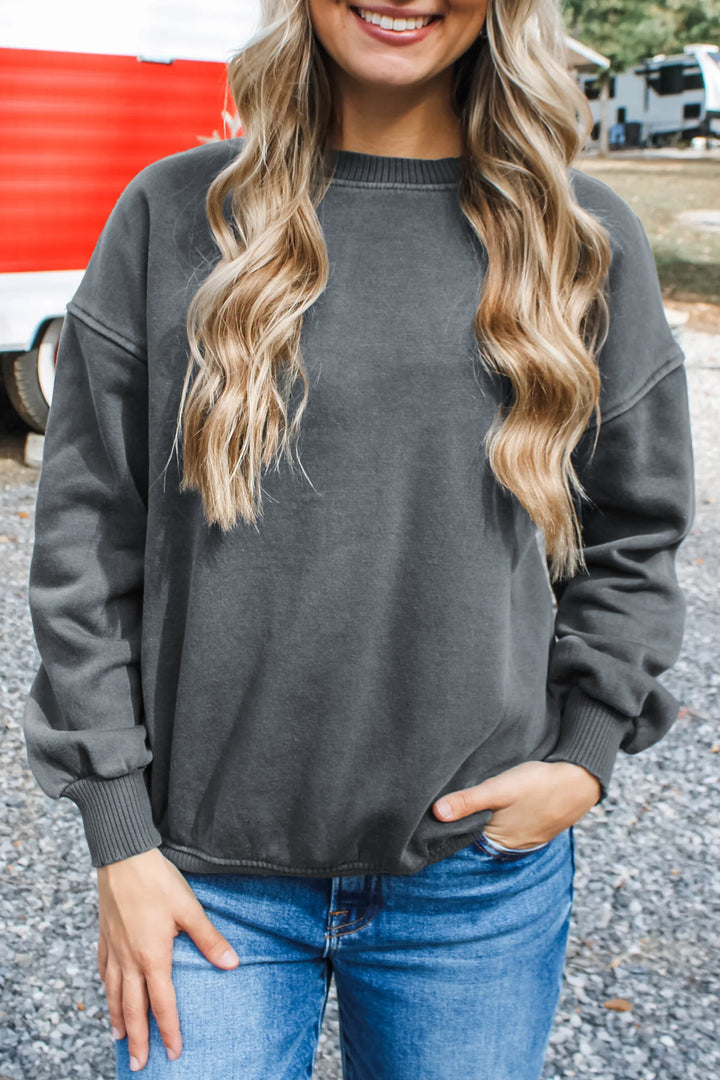 Medium Grey Solid Round Neck Long Sleeve Ribbed Cuff Loose Sweatshirt