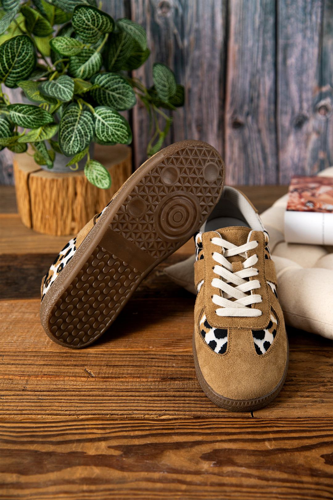 Light French Beige Color Block Leopard Print Patchwork Lace-up Flat Shoes
