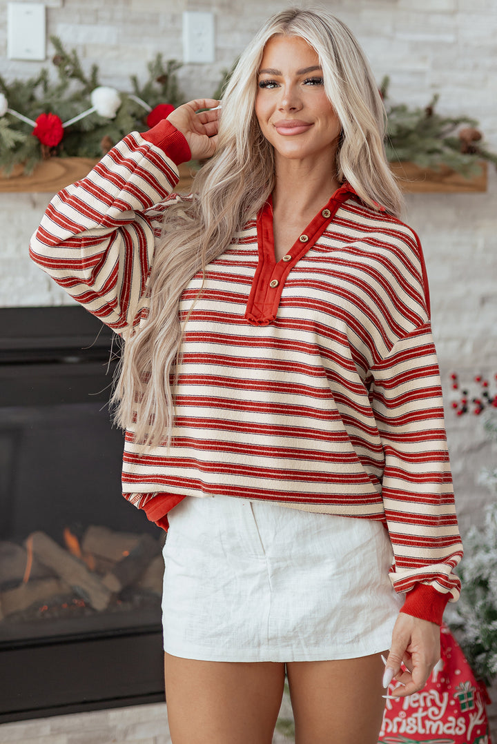 Buttoned V Neck Collared Drop Shoulder Top