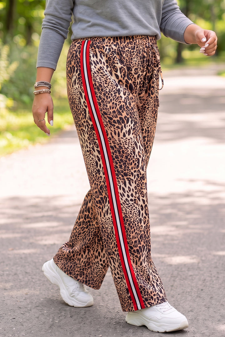 Khaki Leopard Print Side Stripes Wide Leg Full Length Plus Size Pants