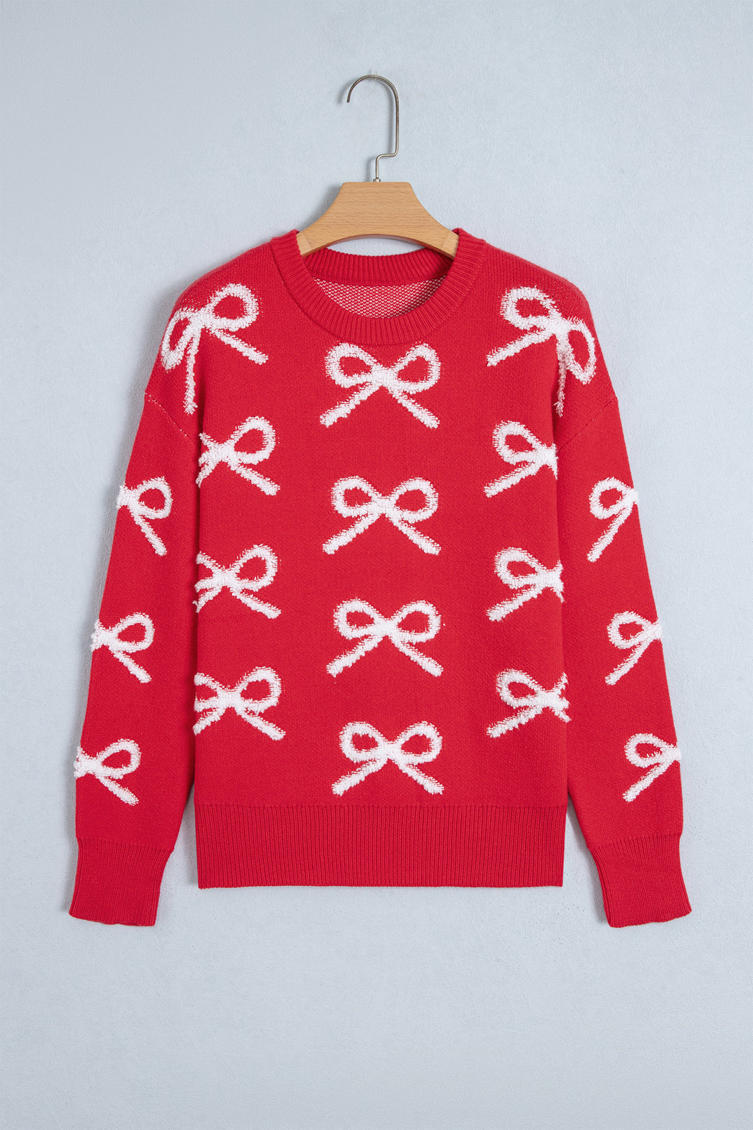 Fiery Red All Over Bow Dropped Shoulder Round Neck Shift Sweater