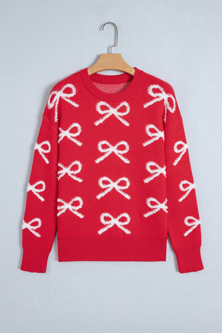 Fiery Red All Over Bow Dropped Shoulder Round Neck Shift Sweater