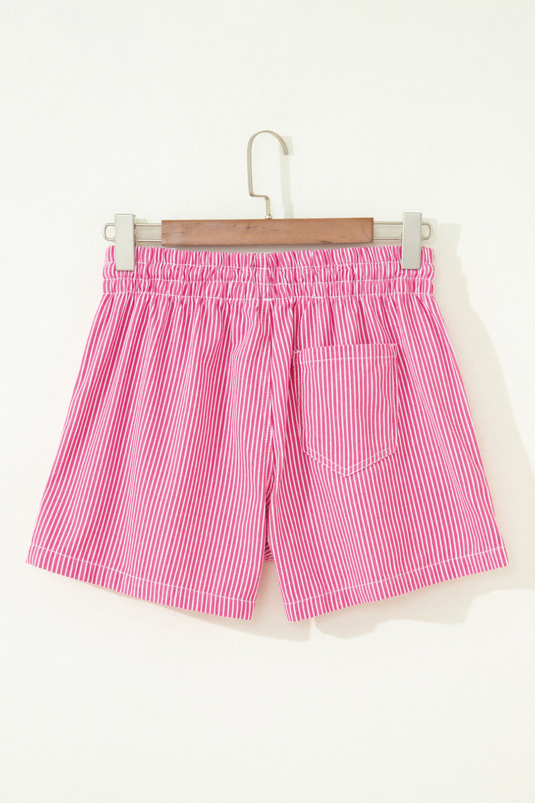 Pink Stripe Drawstring Elastic Waist Casual Denim Shorts
