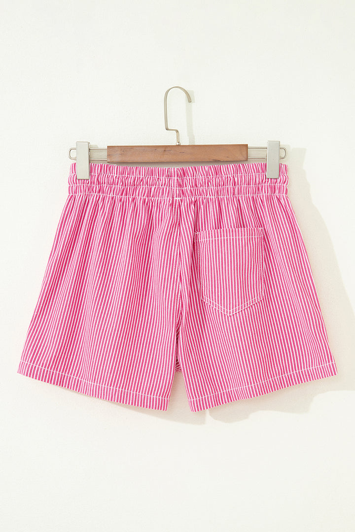 Pink Stripe Drawstring Elastic Waist Casual Denim Shorts