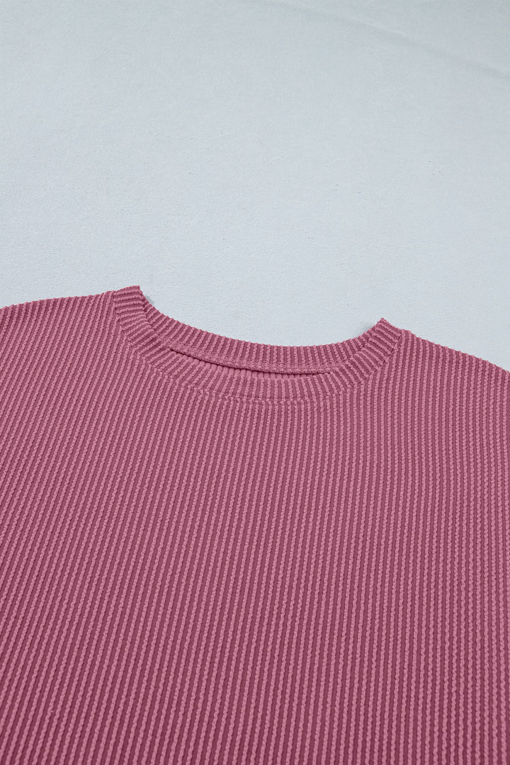 Pitaya Pink Twisted Ribbed Loose Tee Drawstring Elastic Waist 2pcs Short Set