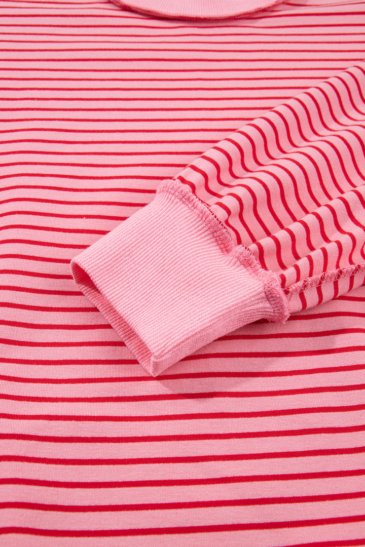 Pink Stripe Ribbed Patchwork Mock Neck Baggy Pullover Matching Shorts Set