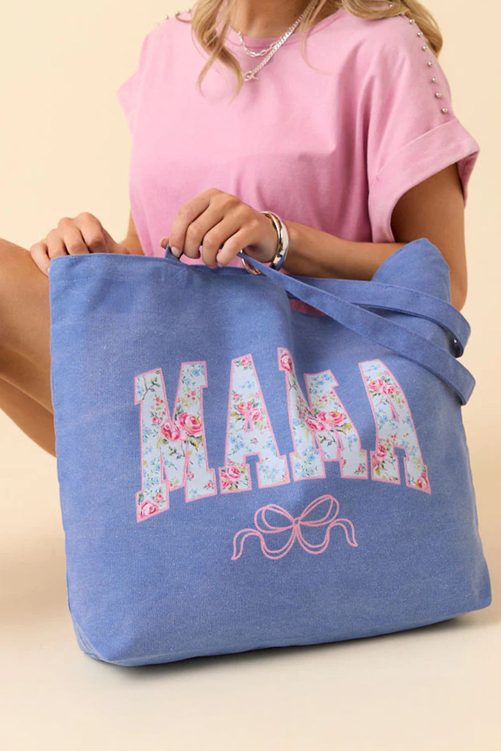 Floral MAMA Letter Bow Print Canvas Tote Bag