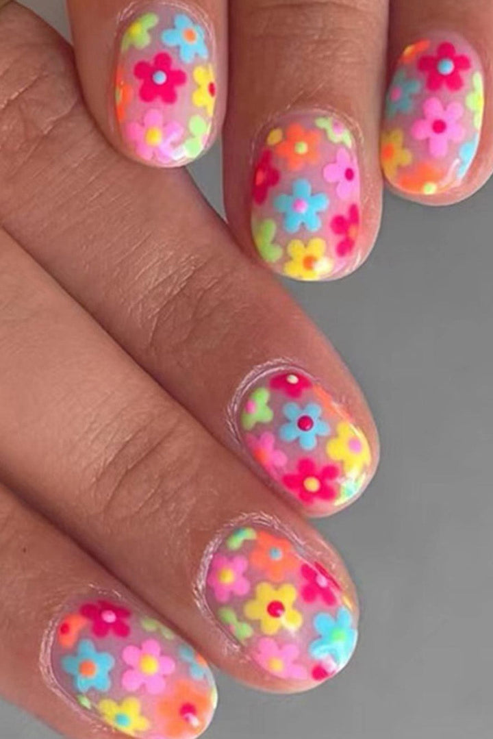 Cute Flowers Print Press On False Nails