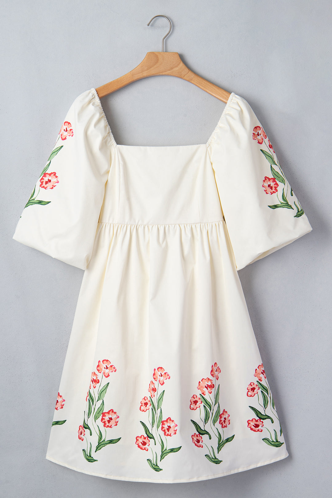 Cute Beige Floral Print Puff Sleeve Babydoll Dress