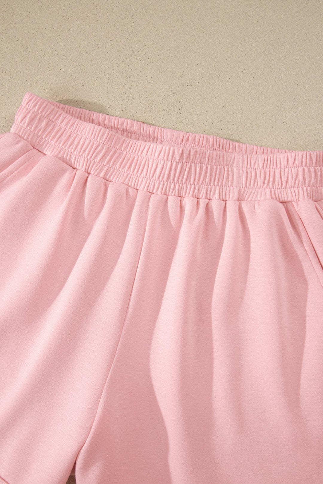 Light Pink Solid Color Exposed Seam Mock Neck Oversize Tee Casual Shorts 2pcs Outfit
