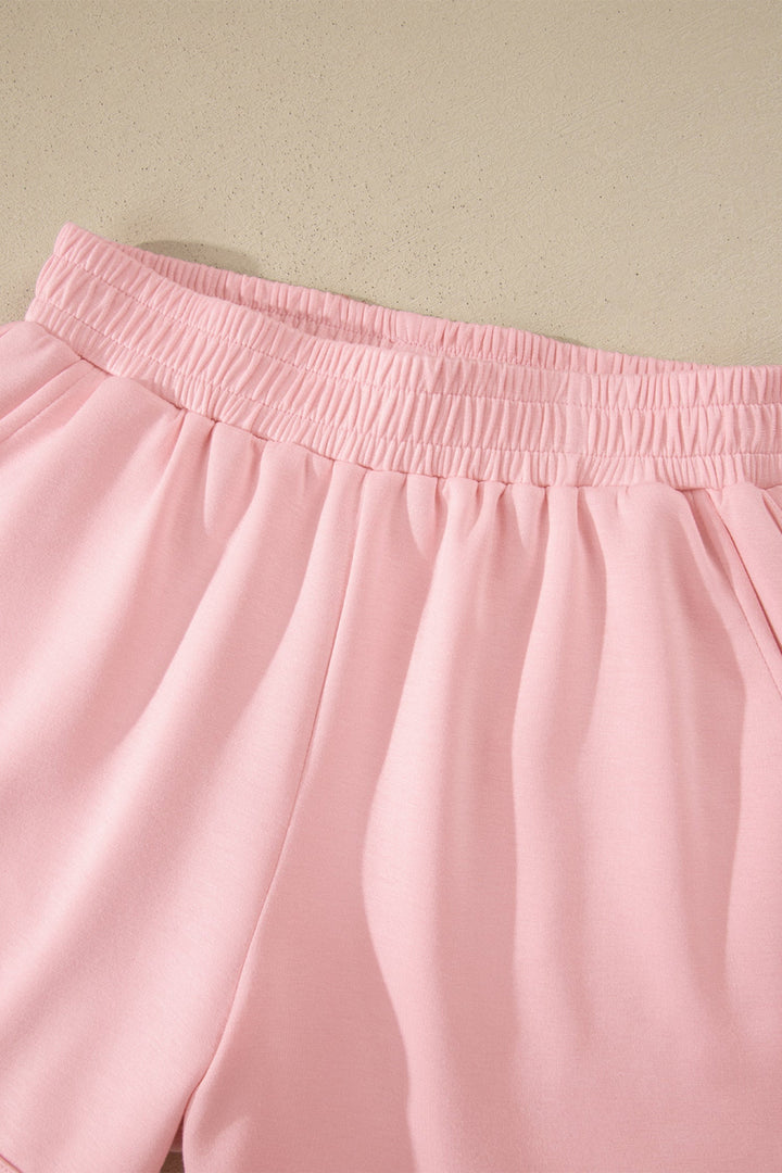 Light Pink Solid Color Exposed Seam Mock Neck Oversize Tee Casual Shorts 2pcs Outfit