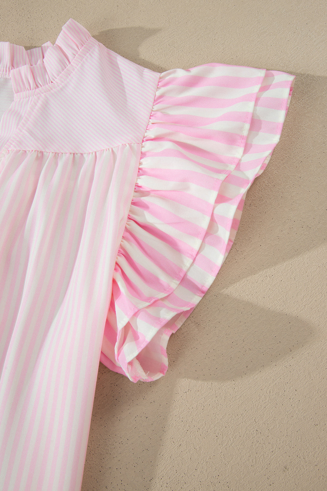 Pink Stripe Contrast Trim V Neck Flutter Sleeve Blouse