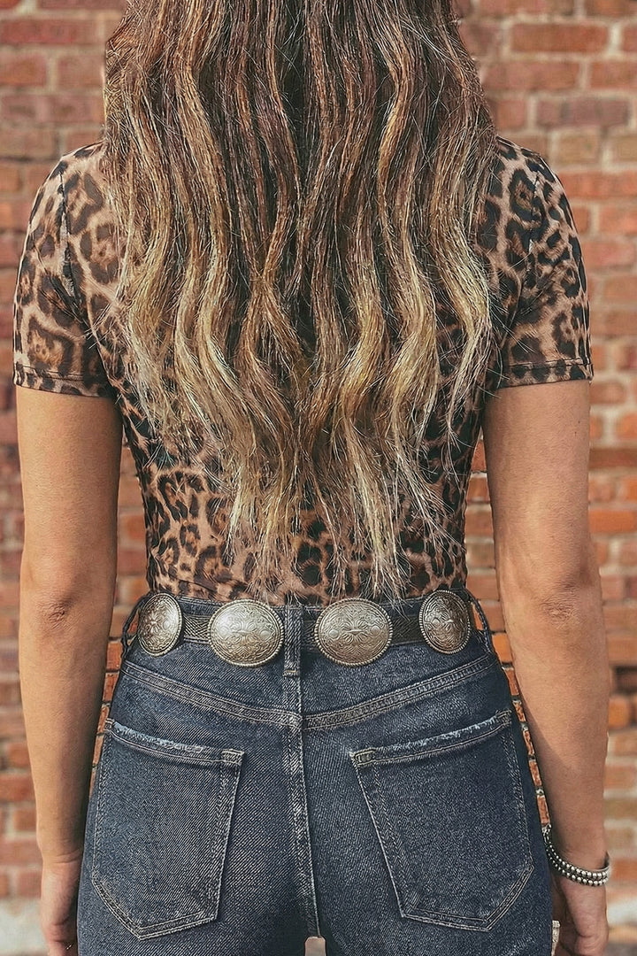 Camel Leopard Printed Mesh Short Sleeve Top