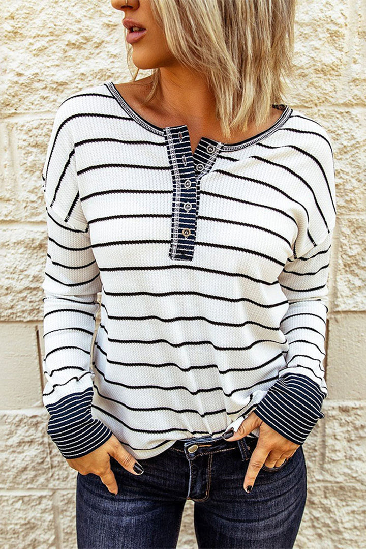 Striped Buttoned Henley Waffle Knit Top