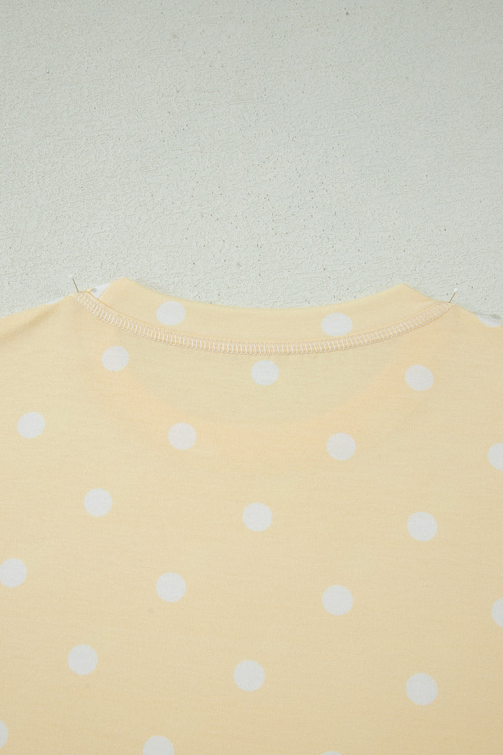 Yellow Polka Dot Short Sleeve Loose Top Drawstring Shorts Set