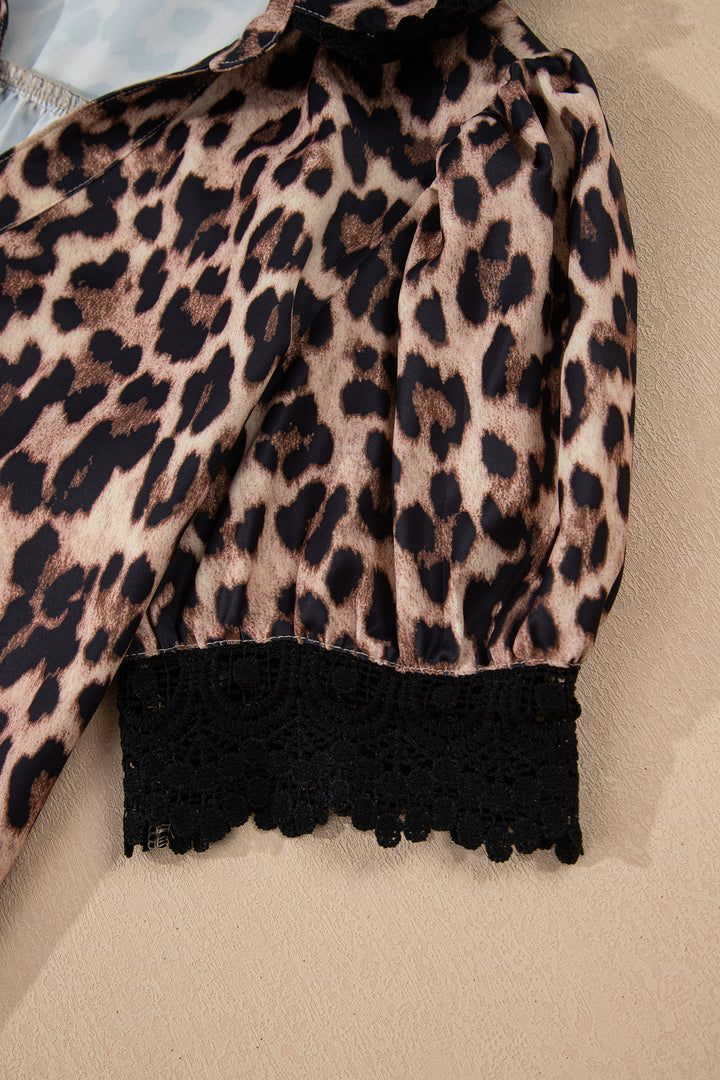 Leopard Print Button Down Lace Trim Short Sleeve Shirt