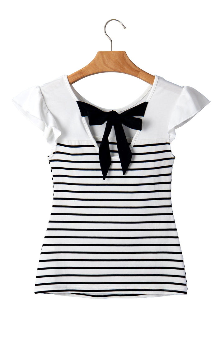 White Stripe Contrast Knot Back Ruffle Trim Tank Top