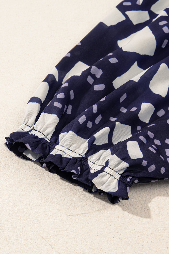 Abstract Print Frilled Puff Sleeve V Neck Blouse