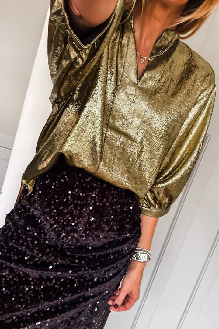 Metallic Split Neck Half Sleeve Blouse